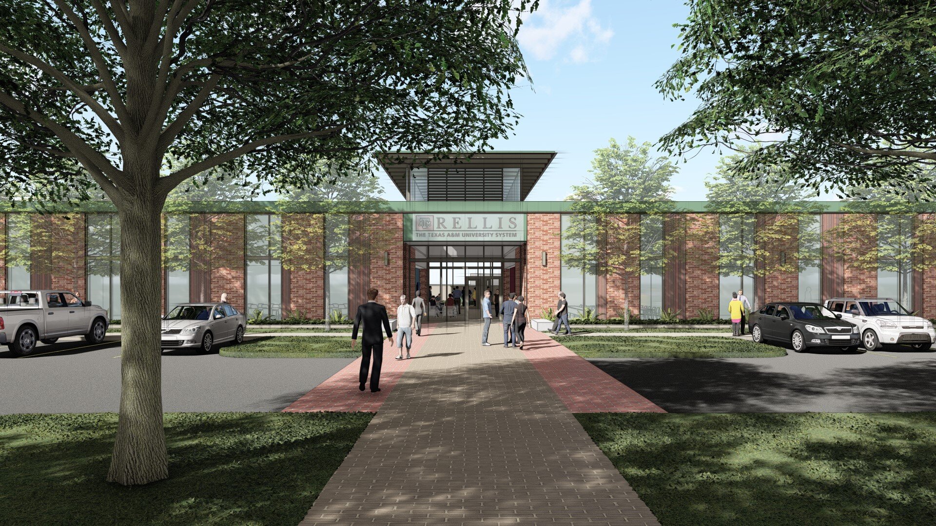 Architectural rendering of university building entrance with people.