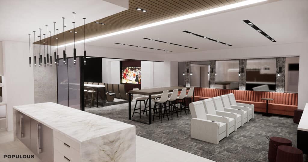 Modern luxury interior design of spacious lounge area.