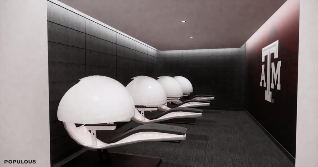 Modern football helmet drying rack in locker room.