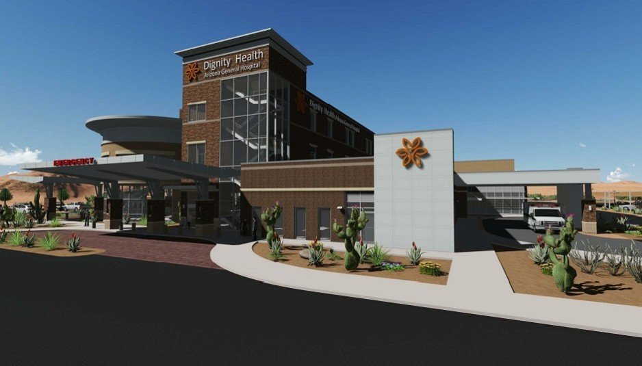 Dignity Health hospital exterior rendering.