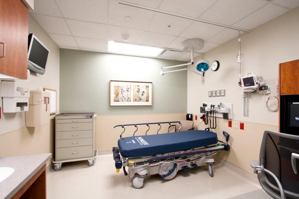 Modern hospital room with medical equipment.