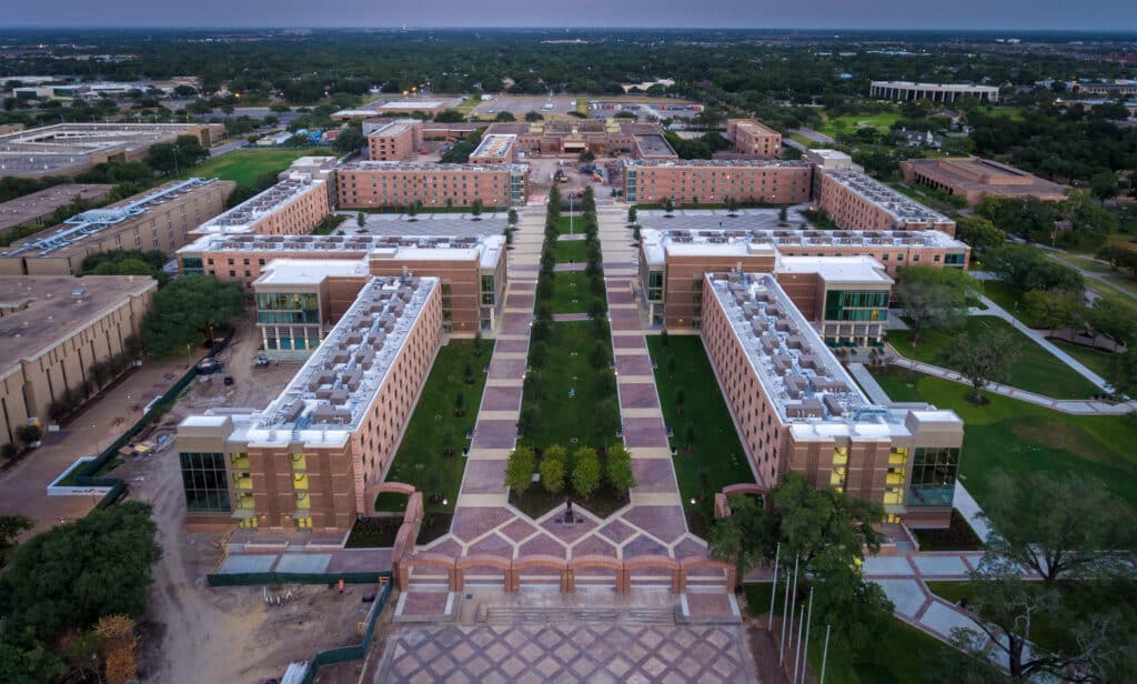 Aerial view of university campus at dusk.