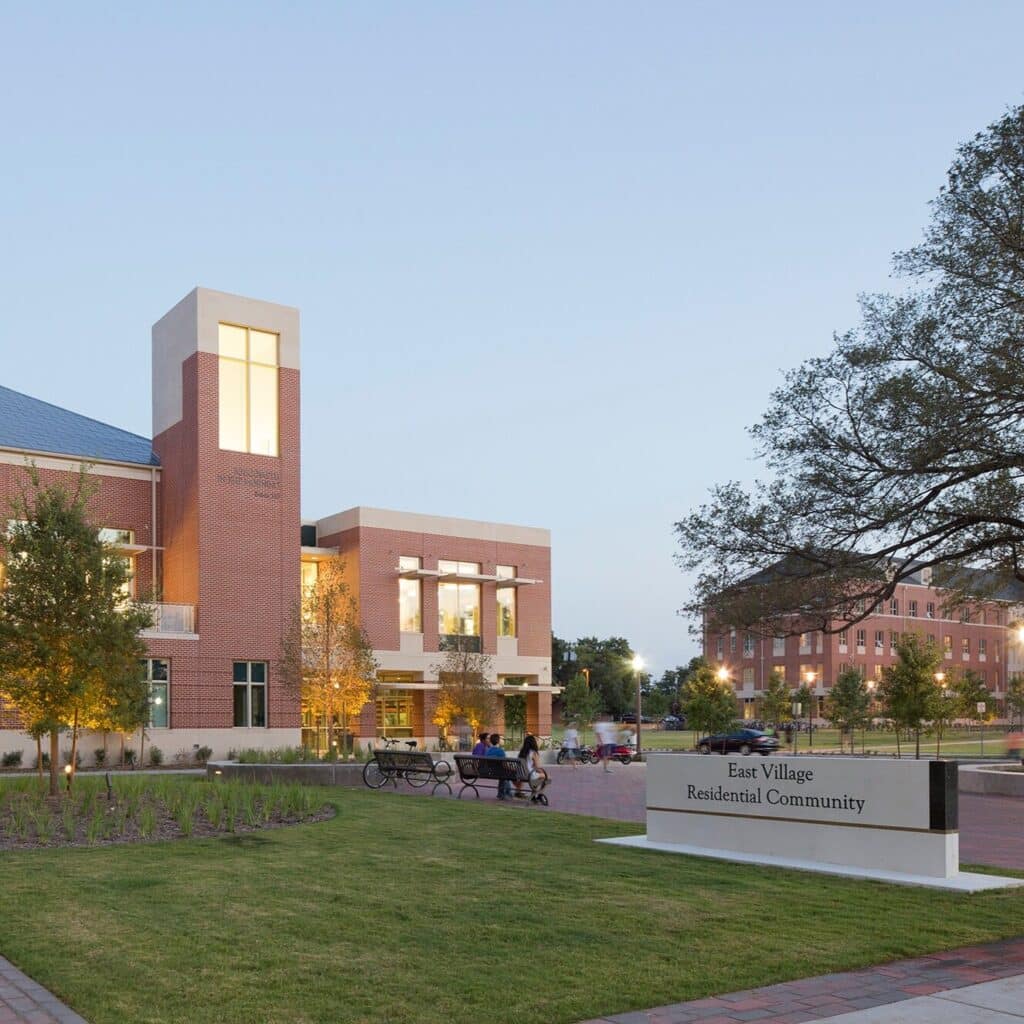 Twilight at East Village Residential Community campus.