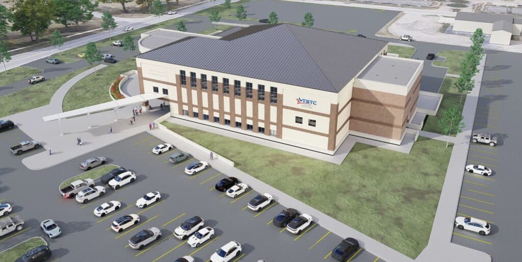 Architectural rendering of a modern educational building with parking.
