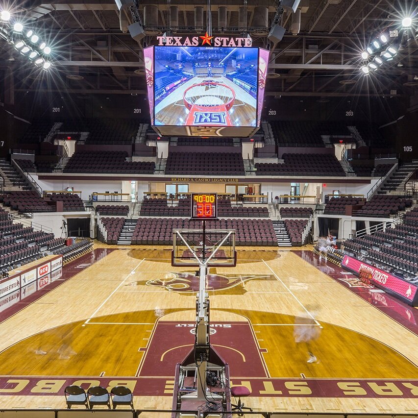 Empty Texas State basketball arena interior view.