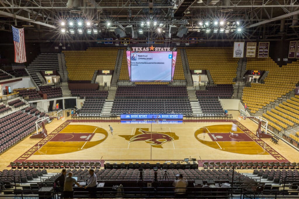 Texas State University basketball court in an empty arena.