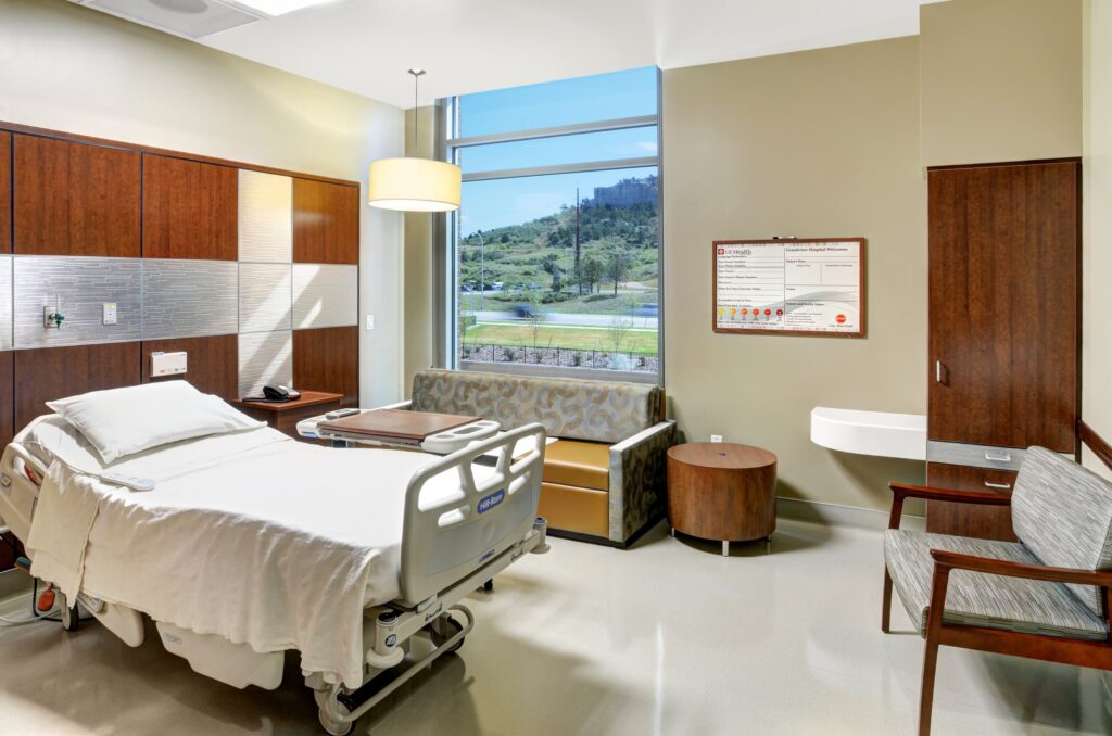 Modern hospital room with scenic view.