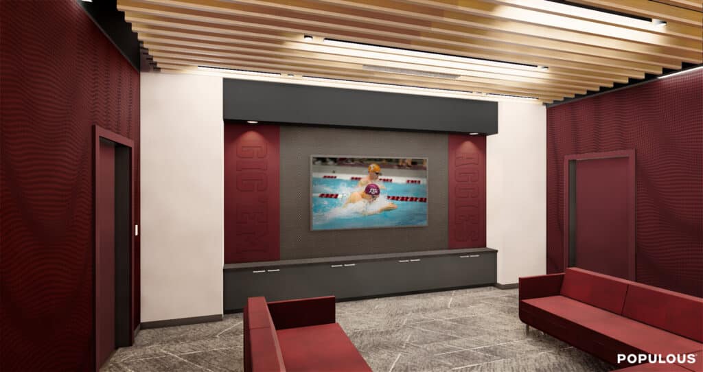 Modern lobby with swimming themed decor.