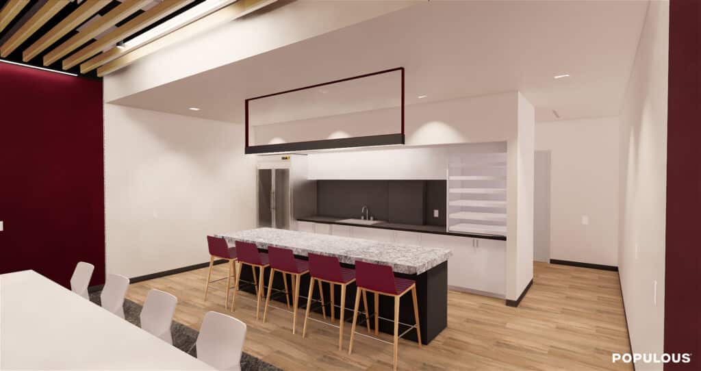 Modern kitchen interior with bar seating area.
