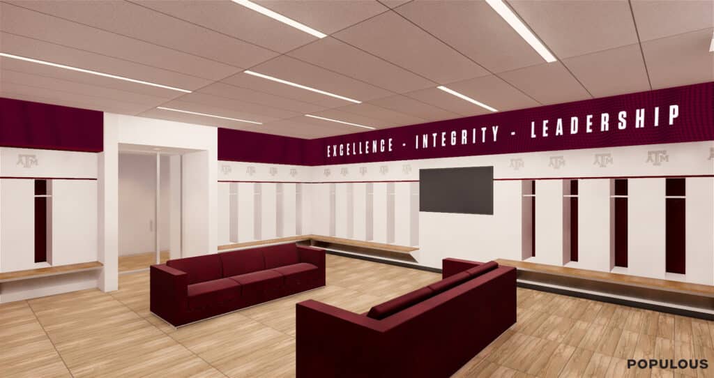 Modern locker room with maroon accents and motivational words.