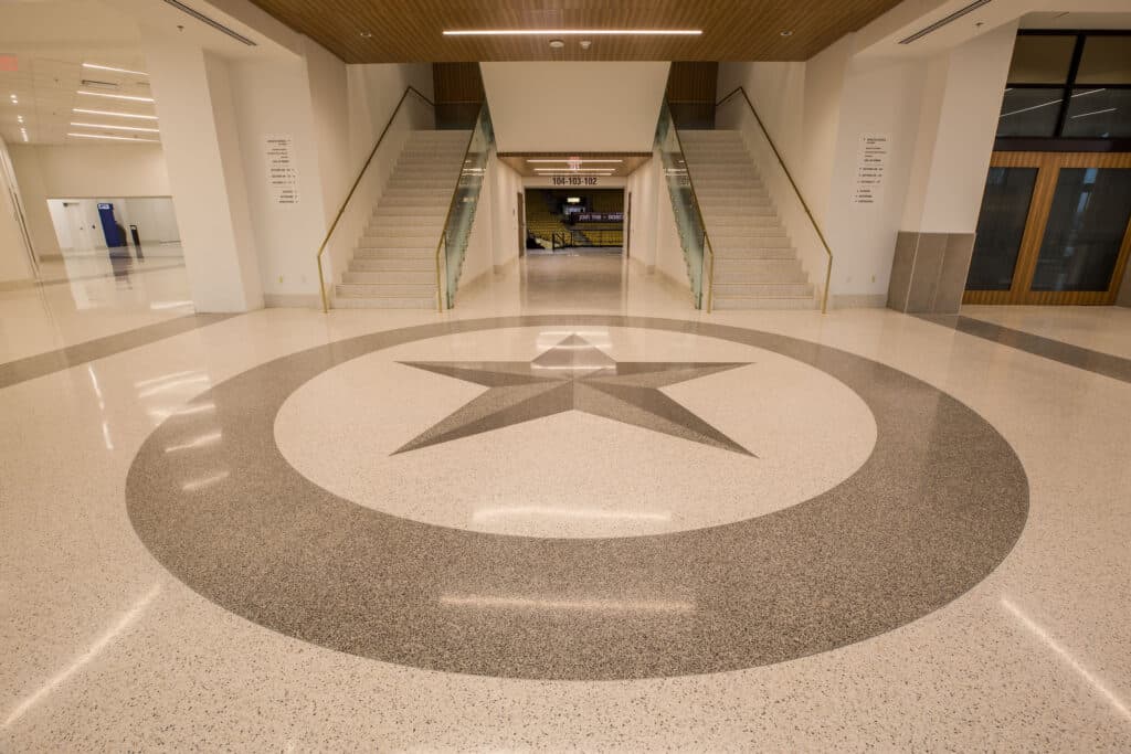Modern lobby with star emblem on floor