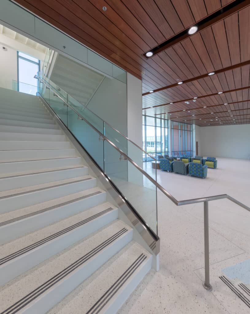 Modern staircase in bright, spacious interior