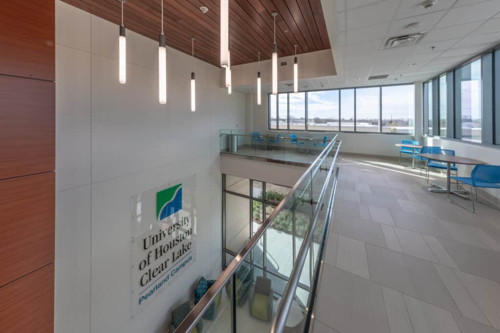 Modern university building interior with natural light.