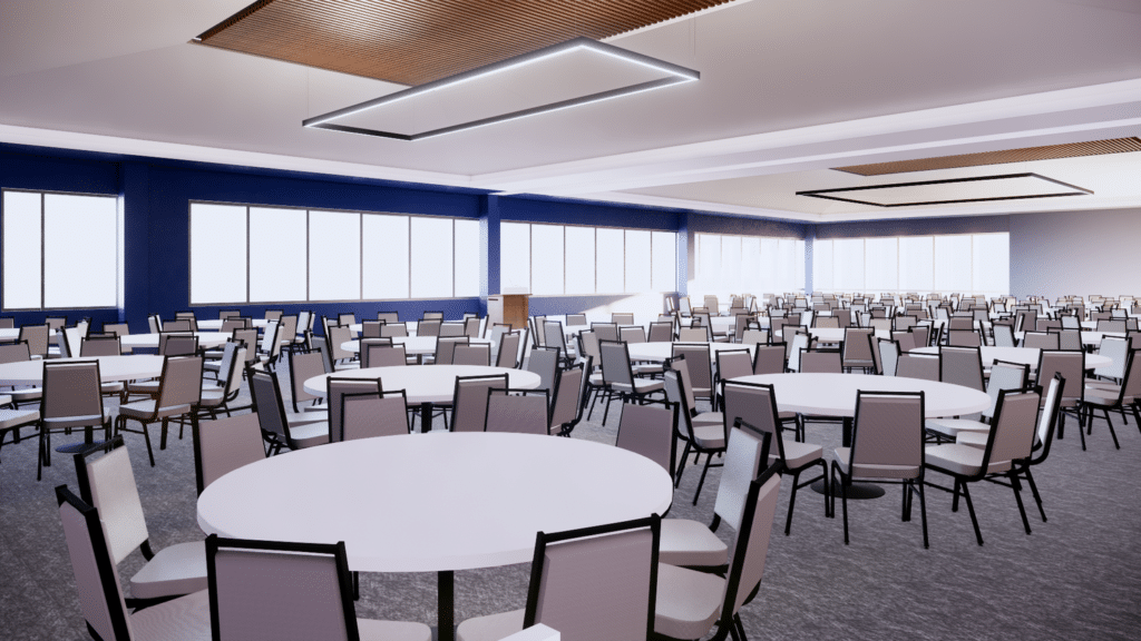 Modern conference room with round tables and chairs.
