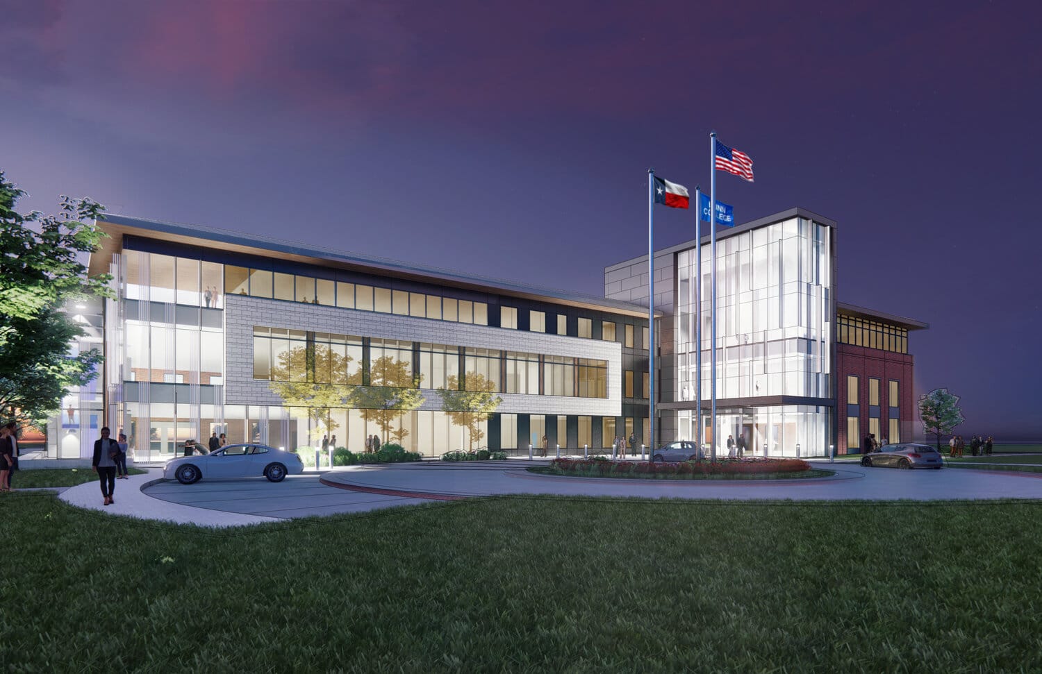 Modern office building at twilight with flags