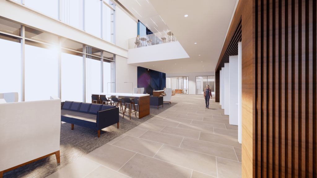 Modern office lobby interior with natural lighting