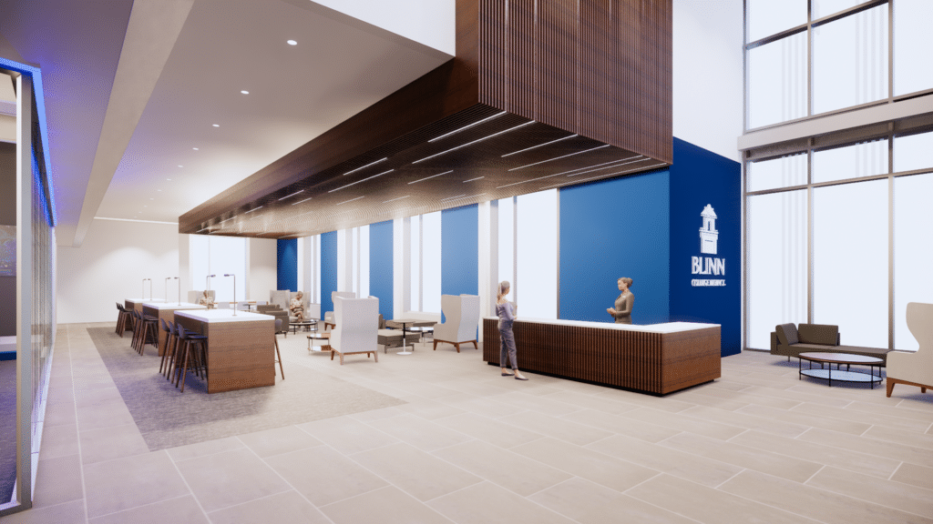 Modern office lobby interior with reception desk.