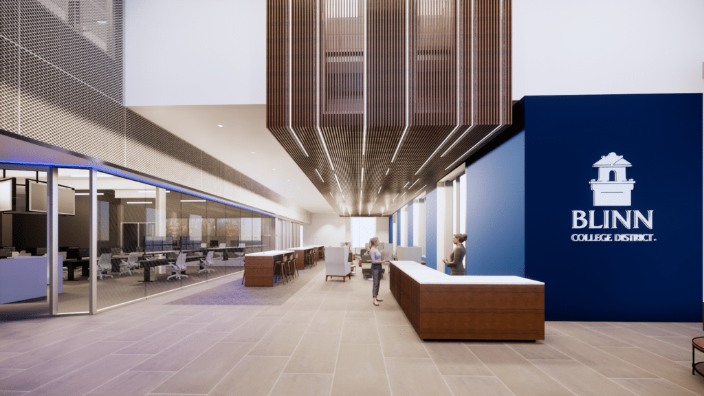 Modern college reception area with students and Blinn logo.