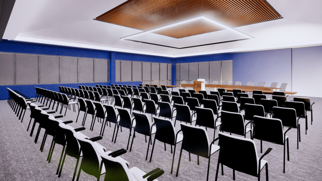 Modern conference room with rows of chairs.
