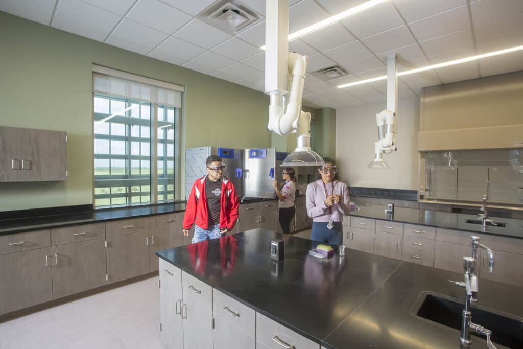 Students in a modern science laboratory.