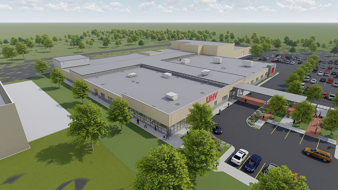 3D rendering of a modern commercial building with parking lot