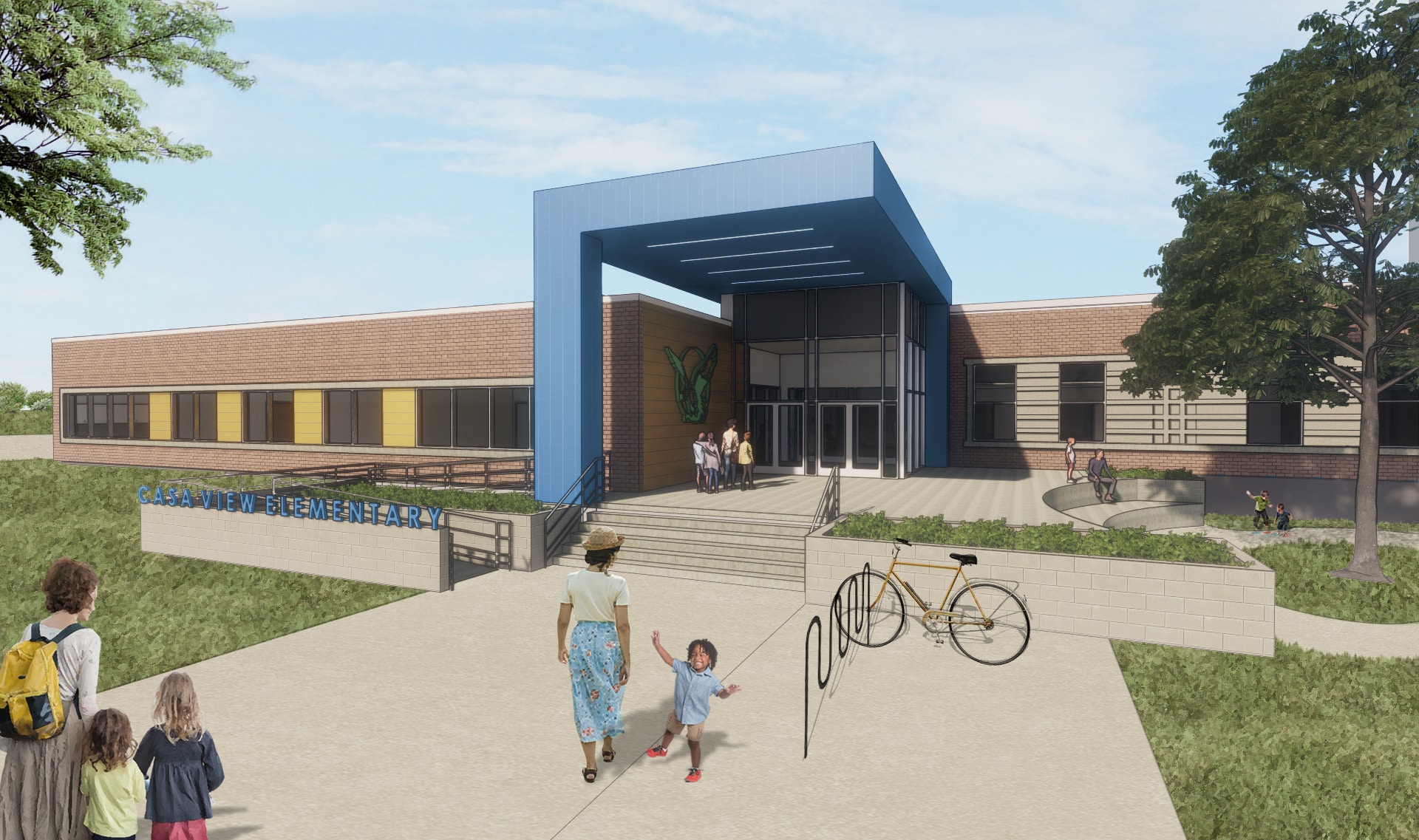 Modern elementary school entrance with students and bicycle.