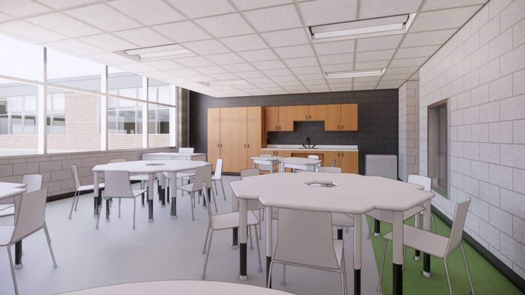 Modern empty school cafeteria interior with tables.