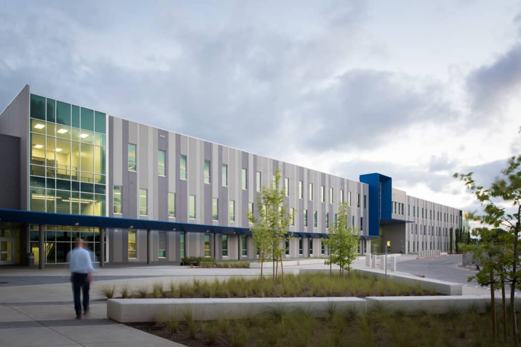 Modern office building exterior at dusk