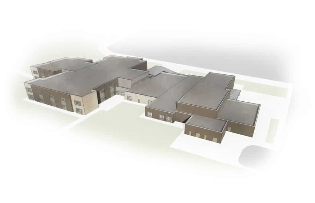 3D architectural rendering of a modern building design.