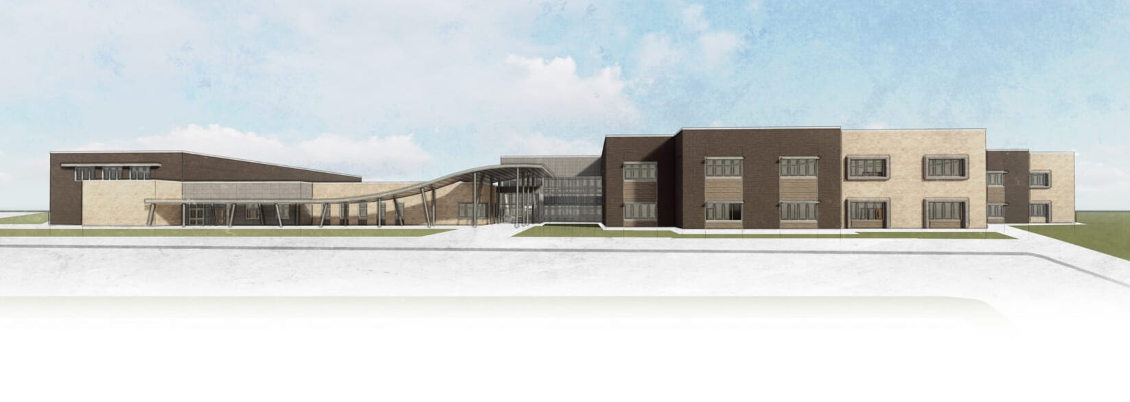 Architectural rendering of modern educational facility design.